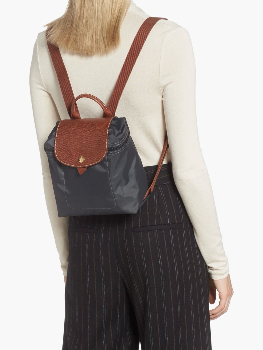 Longchamp Navy and Brown Le Pliage Small Backpack